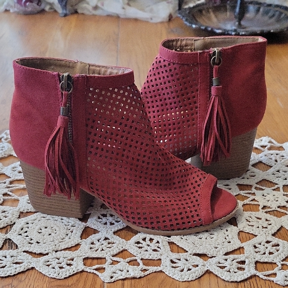Qupid Red Ankle Booties with Peep-Toe and Tassel Zippers.  D